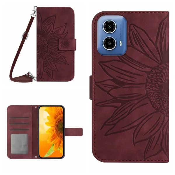 ART SUNFLOWER Peňaženkový obal so šnúrkou pre Motorola Moto G85 5G bordový