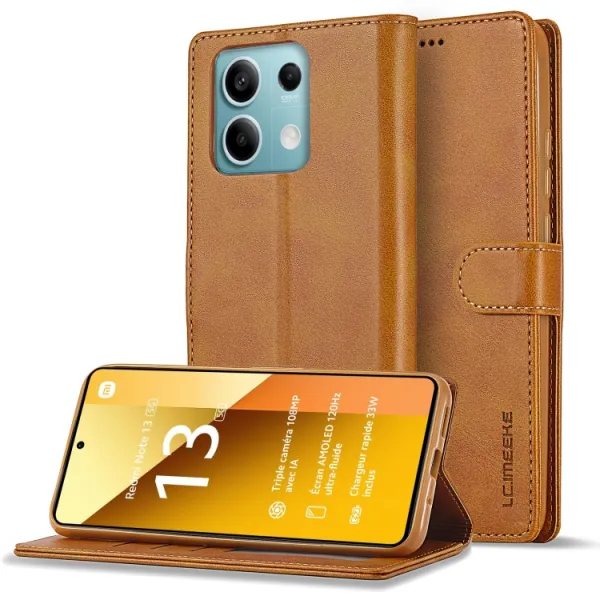 IMEEKE Peňaženkový obal pre Xiaomi Redmi Note 13 5G svetlohnedý