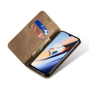DENIM Peňaženkový kryt pre OnePlus 7T šedohnedý