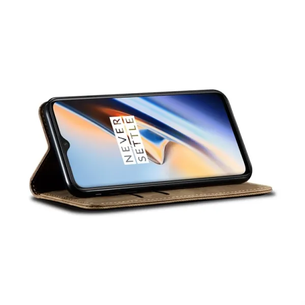 DENIM Peňaženkový kryt pre OnePlus 7T šedohnedý