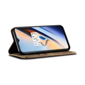 DENIM Peňaženkový kryt pre OnePlus 7T šedohnedý