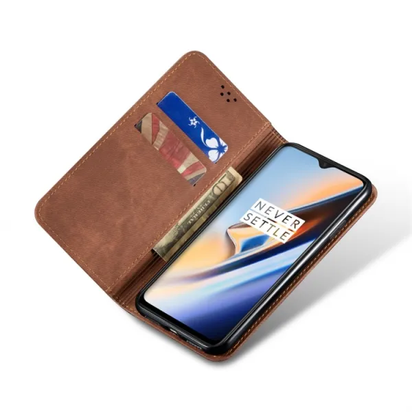 DENIM Peňaženkový kryt pre OnePlus 7T hnedý