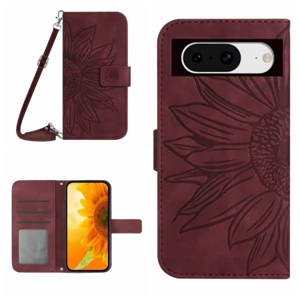 ART SUNFLOWER Peňaženkový obal so šnúrkou pre Google Pixel 8a bordový