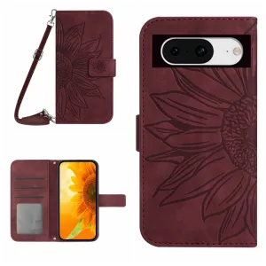 ART SUNFLOWER Peňaženkový obal so šnúrkou pre Google Pixel 8a bordový