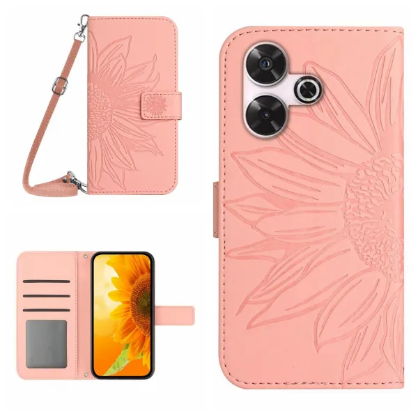 ART SUNFLOWER Peňaženkový obal so šnúrkou pre Xiaomi Redmi 13 ružový