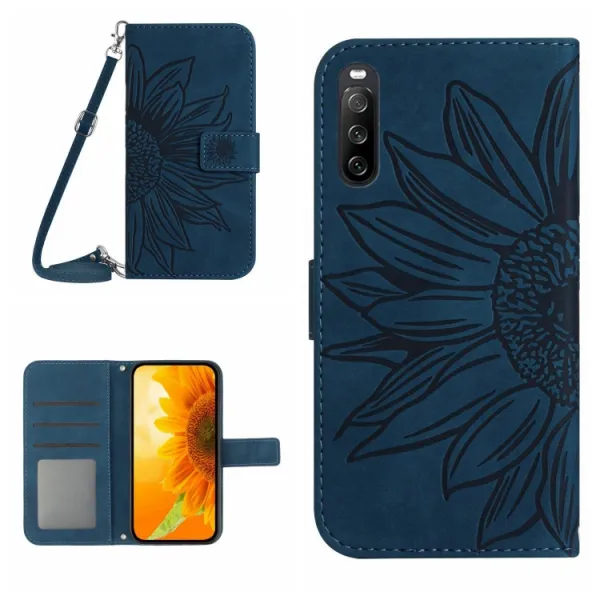 ART SUNFLOWER Peňaženkový obal so šnúrkou pre Sony Xperia 10 VI tmavomodrý