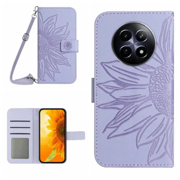 ART SUNFLOWER Peňaženkový obal so šnúrkou pre Realme 12 5G fialový