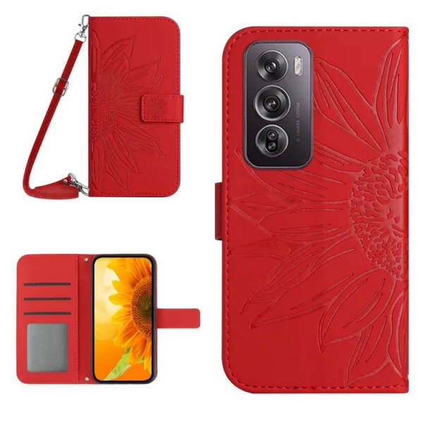 ART SUNFLOWER Peňaženkový obal so šnúrkou pre Oppo Reno12 5G červený