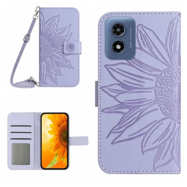 ART SUNFLOWER Peňaženkový obal so šnúrkou pre Motorola Moto E14 fialový