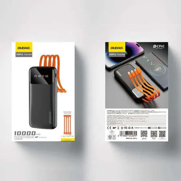 Dudao K6Pro Power Bank 10000mAh 2x USB + kábel USB / USB-C / Lightning / Micro USB, čierny (K6Pro-black)