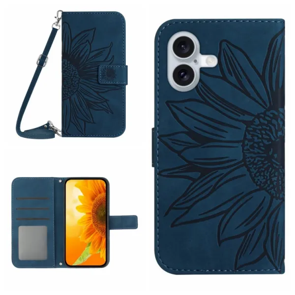 ART SUNFLOWER Peňaženkový obal so šnúrkou pre Apple iPhone 16 Plus modrý