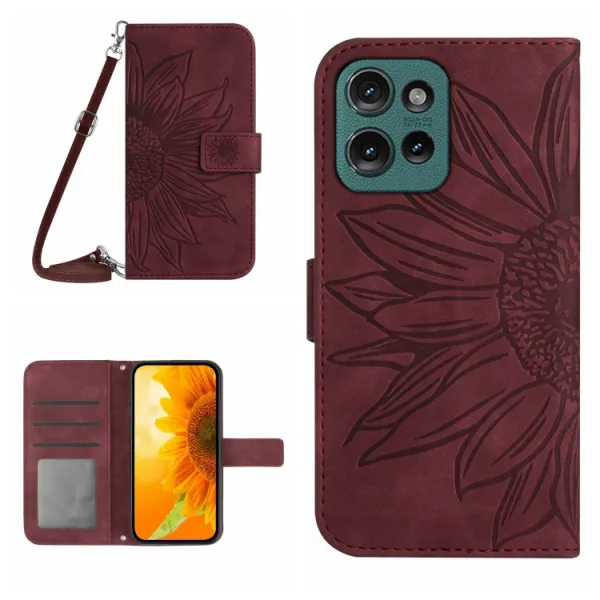 ART SUNFLOWER Peňaženkový obal so šnúrkou pre Motorola Edge 50 bordový