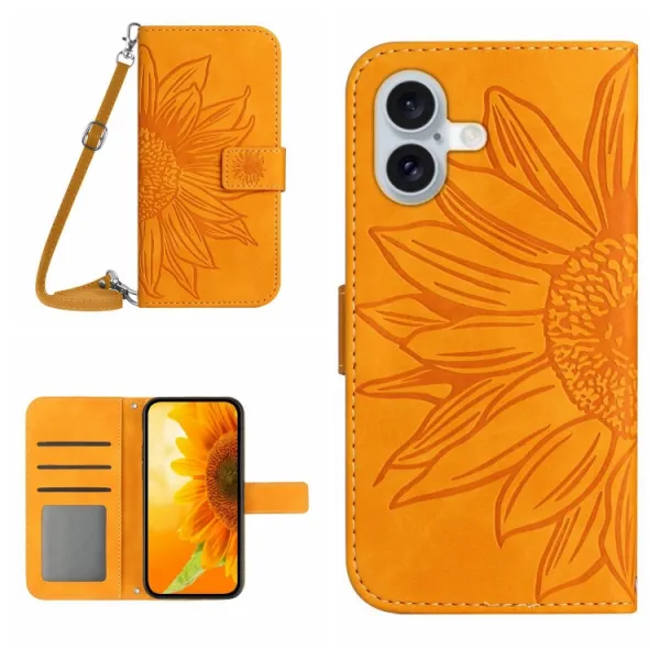 ART SUNFLOWER Peňaženkový obal so šnúrkou pre Apple iPhone 16 Plus žltý