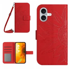 ART SUNFLOWER Peňaženkový obal so šnúrkou pre Apple iPhone 16 Plus červený