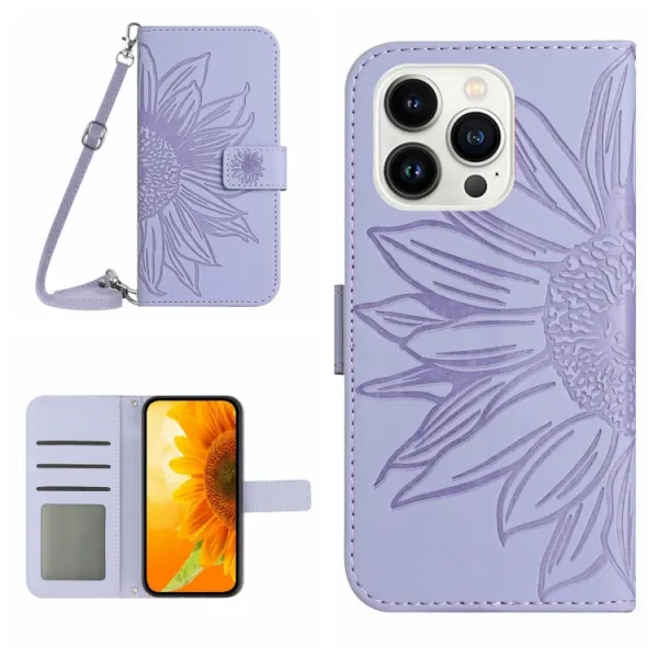 ART SUNFLOWER Peňaženkový obal so šnúrkou pre Apple iPhone 16 Pro Max svetlofialový