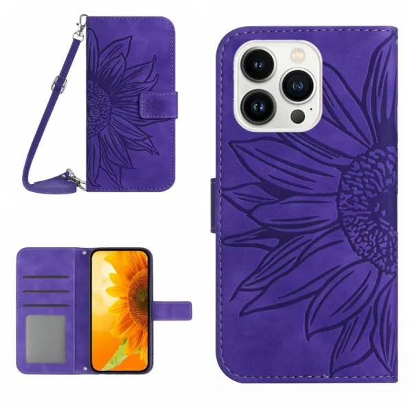 ART SUNFLOWER Peňaženkový obal so šnúrkou pre Apple iPhone 16 Pro Max tmavofialový