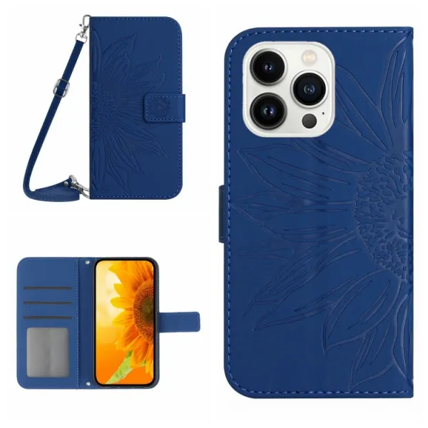 ART SUNFLOWER Peňaženkový obal so šnúrkou pre Apple iPhone 16 Pro Max modrý