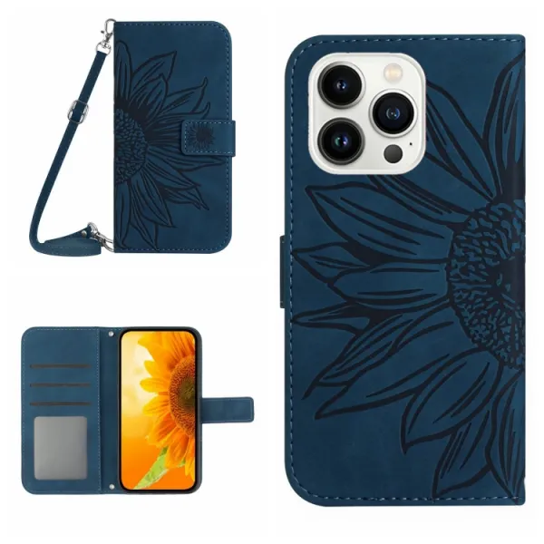 ART SUNFLOWER Peňaženkový obal so šnúrkou pre Apple iPhone 16 Pro Max tmavomodrý