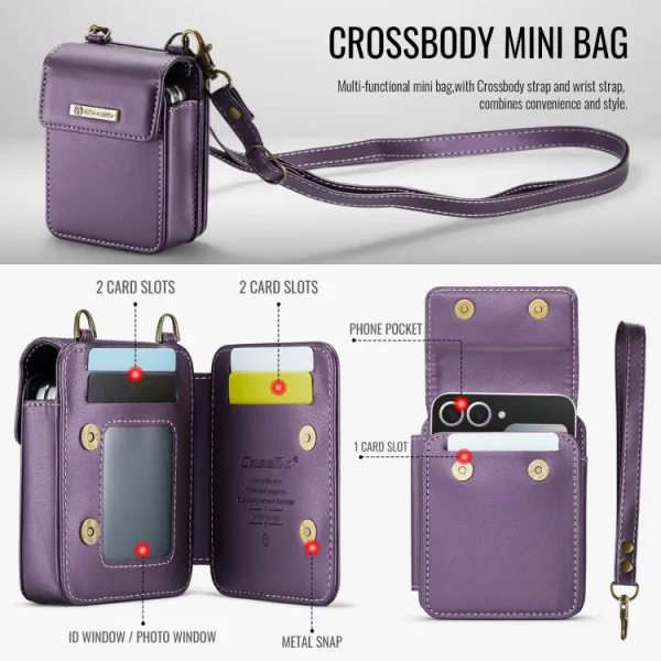 CASEME MINI Peňaženkové puzdro s remienkom pre sériu Samsung Galaxy Z Flip fialové