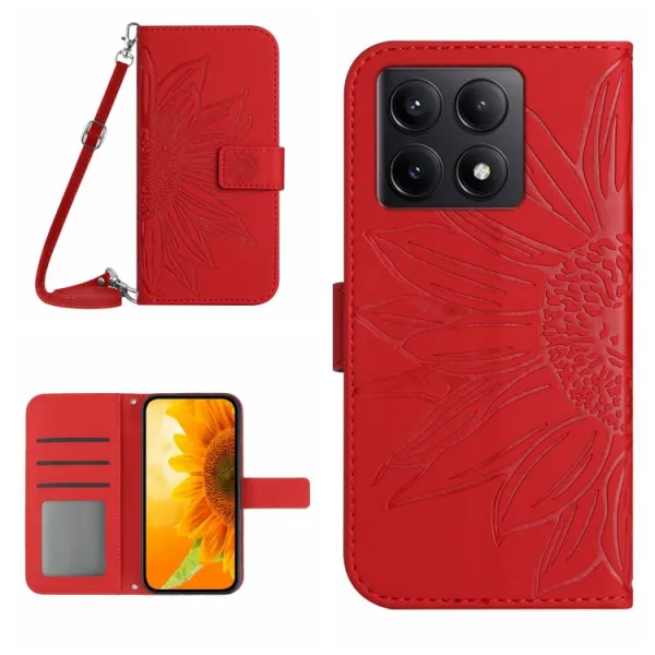 ART SUNFLOWER Peňaženkový obal so šnúrkou pre Xiaomi 14T Pro červený