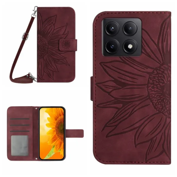 ART SUNFLOWER Peňaženkový obal so šnúrkou pre Xiaomi 14T bordový
