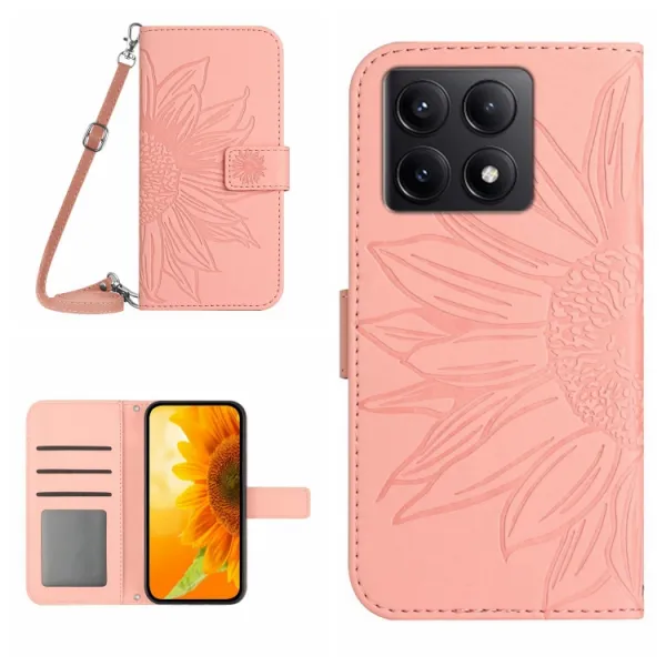 ART SUNFLOWER Peňaženkový obal so šnúrkou pre Xiaomi 14T ružový