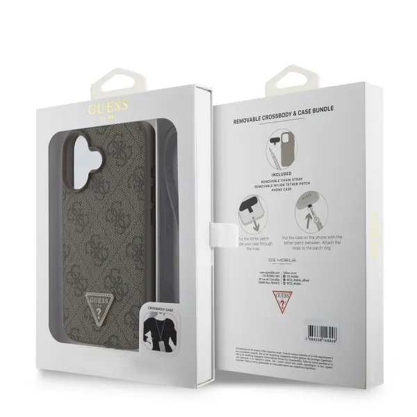 GUESS 4G STRASS SET Ochranný kryt + remienok pre Apple iPhone 16 hnedý