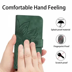 ART SUNFLOWER Peňaženkový obal so šnúrkou pre Apple iPhone 16e / iPhone 17e zelený