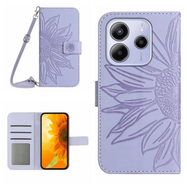 ART SUNFLOWER Peňaženkový obal so šnúrkou pre Xiaomi Redmi Note 14 fialový