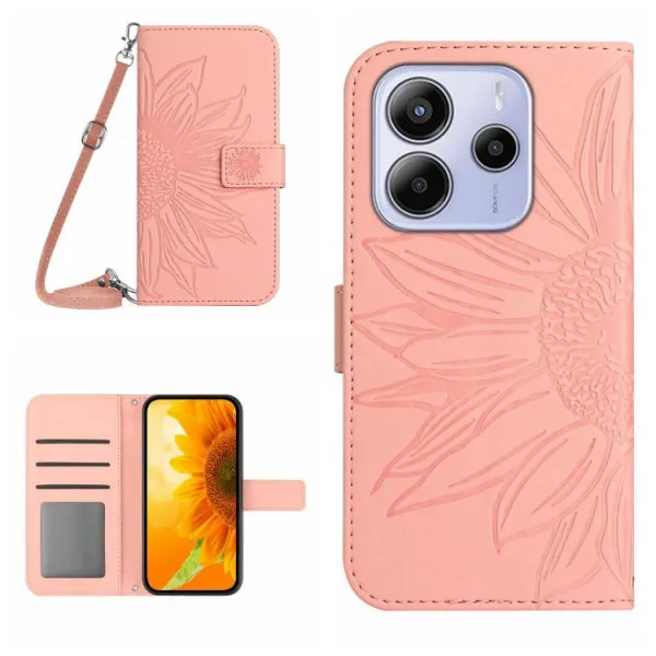 ART SUNFLOWER Peňaženkový obal so šnúrkou pre Xiaomi Redmi Note 14 ružový