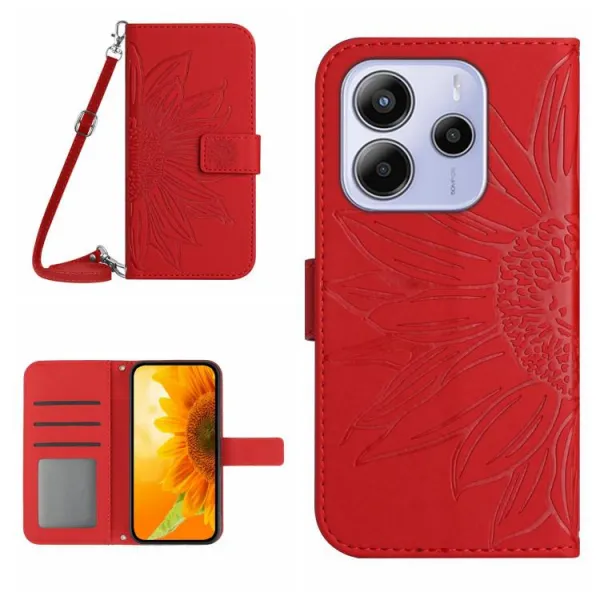 ART SUNFLOWER Peňaženkový obal so šnúrkou pre Xiaomi Redmi Note 14 červený