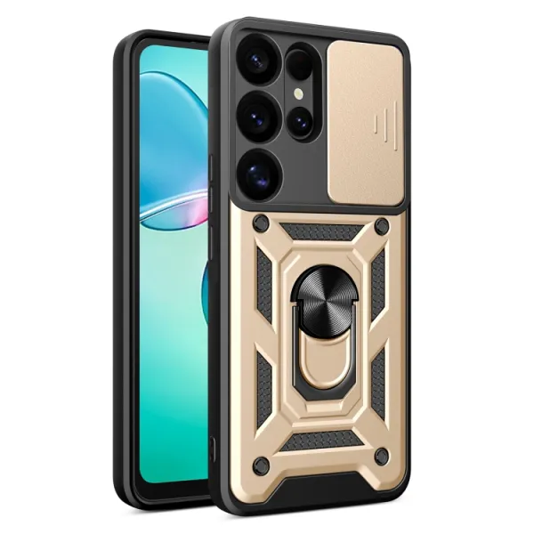 RING CAMERA Kryt s držiakom pre Samsung Galaxy S25 Ultra 5G zlatý