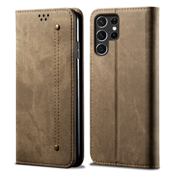 DENIM Peňaženkový kryt pre Samsung Galaxy S25 Ultra 5G šedohnedý