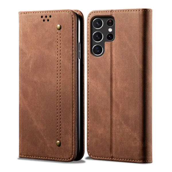 DENIM Peňaženkový kryt pre Samsung Galaxy S25 Ultra 5G hnedý