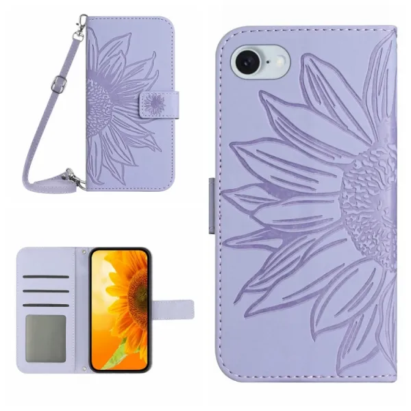 ART SUNFLOWER Peňaženkový obal so šnúrkou pre Apple iPhone 16e / iPhone 17e fialový