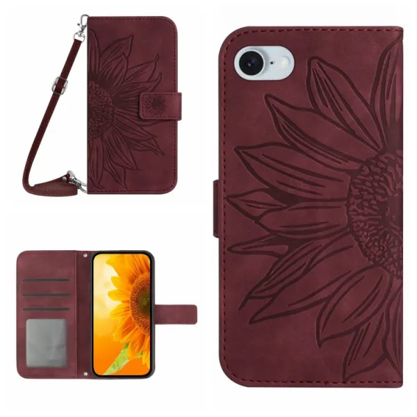 ART SUNFLOWER Peňaženkový obal so šnúrkou pre Apple iPhone 16e / iPhone 17e bordový