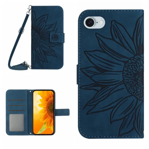 ART SUNFLOWER Peňaženkový obal so šnúrkou pre Apple iPhone 16e / iPhone 17e modrý