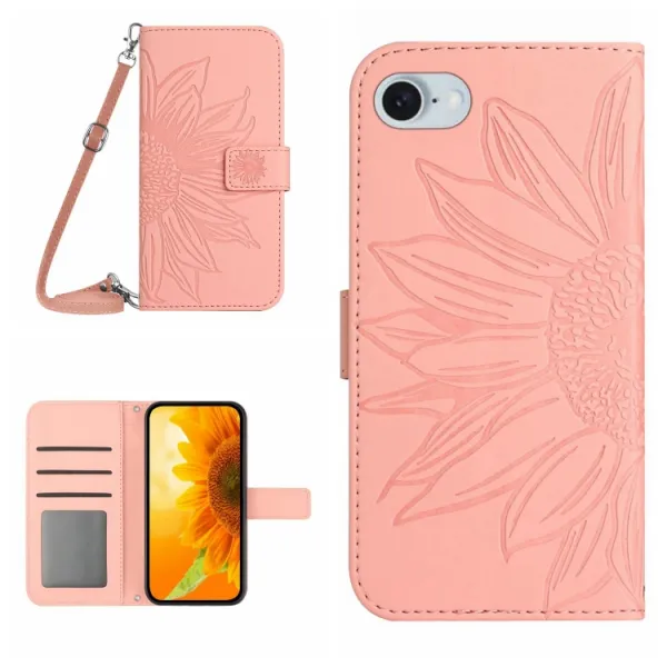 ART SUNFLOWER Peňaženkový obal so šnúrkou pre Apple iPhone 16e / iPhone 17e ružový
