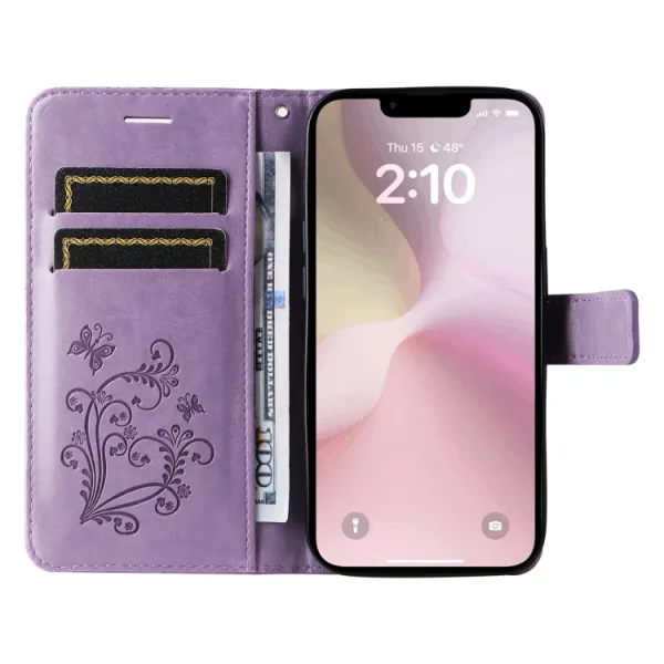 ART BUTTERFLY Peňaženkový obal pre Apple iPhone 16e / iPhone 17e fialový