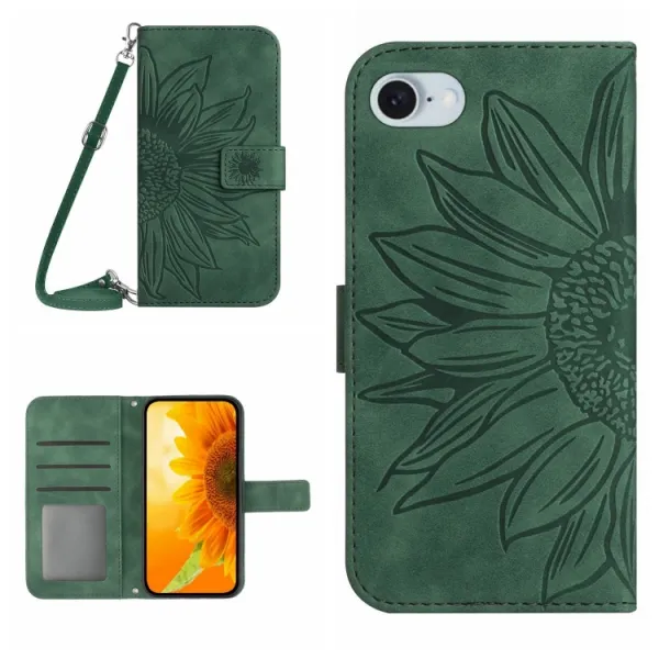 ART SUNFLOWER Peňaženkový obal so šnúrkou pre Apple iPhone 16e / iPhone 17e zelený