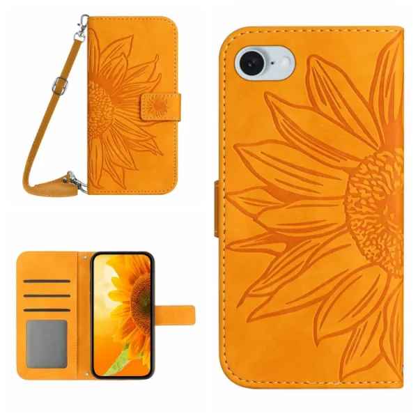 ART SUNFLOWER Peňaženkový obal so šnúrkou pre Apple iPhone 16e / iPhone 17e žltý