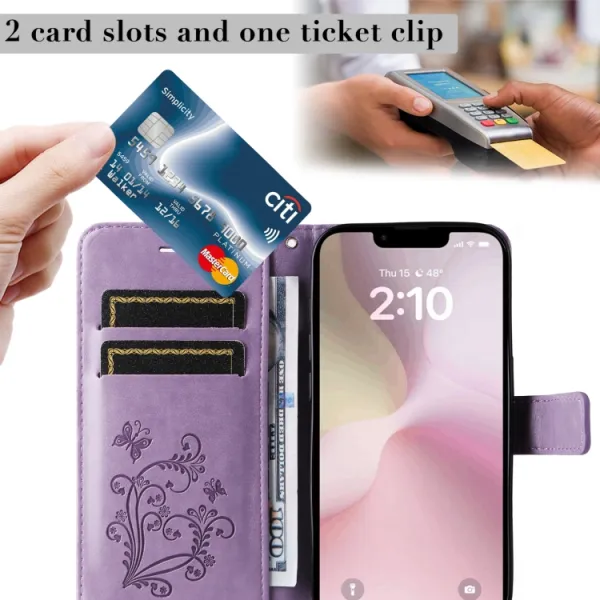 ART BUTTERFLY Peňaženkový obal pre Apple iPhone 16e / iPhone 17e fialový