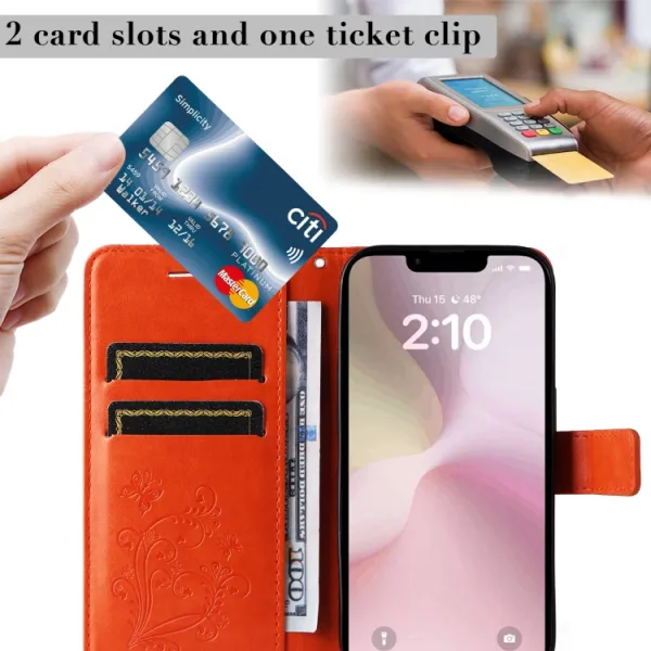 ART BUTTERFLY Peňaženkový obal pre Apple iPhone 16e / iPhone 17e oranžový