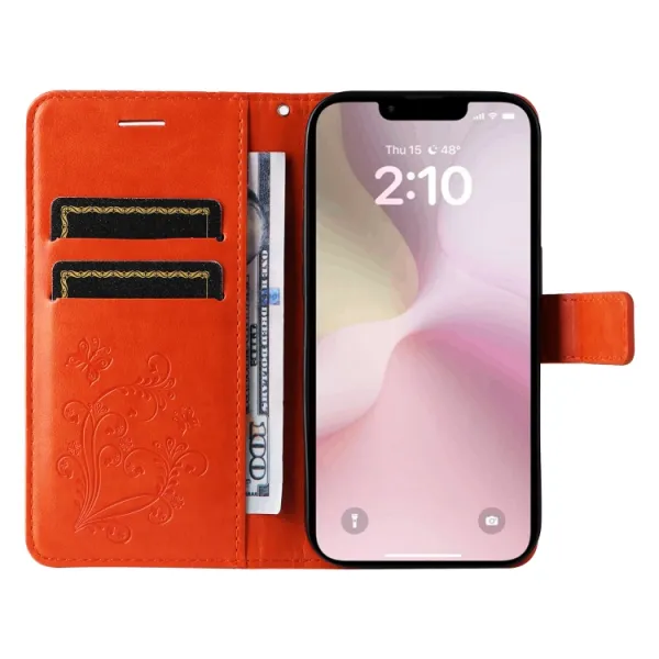 ART BUTTERFLY Peňaženkový obal pre Apple iPhone 16e / iPhone 17e oranžový