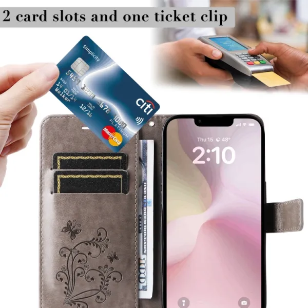 ART BUTTERFLY Peňaženkový obal pre Apple iPhone 16e / iPhone 17e šedý