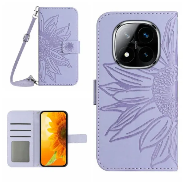 ART SUNFLOWER Peňaženkový obal so šnúrkou pre Xiaomi Redmi Note 14 Pro fialový