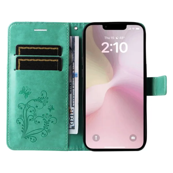 ART BUTTERFLY Peňaženkový obal pre Apple iPhone 16e / iPhone 17e zelený