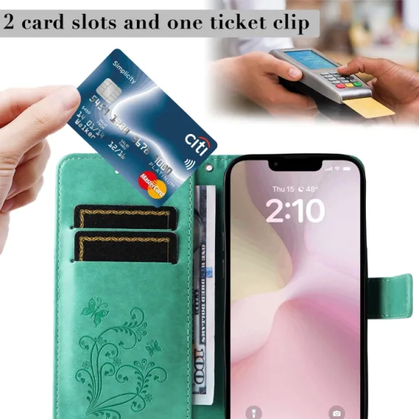 ART BUTTERFLY Peňaženkový obal pre Apple iPhone 16e / iPhone 17e zelený