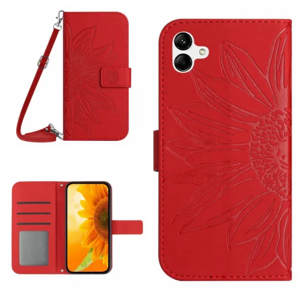 ART SUNFLOWER Peňaženkový obal so šnúrkou pre Samsung Galaxy A06 červený