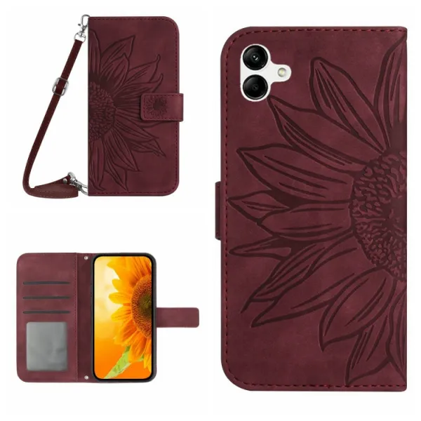 ART SUNFLOWER Peňaženkový obal so šnúrkou pre Samsung Galaxy A06 bordový